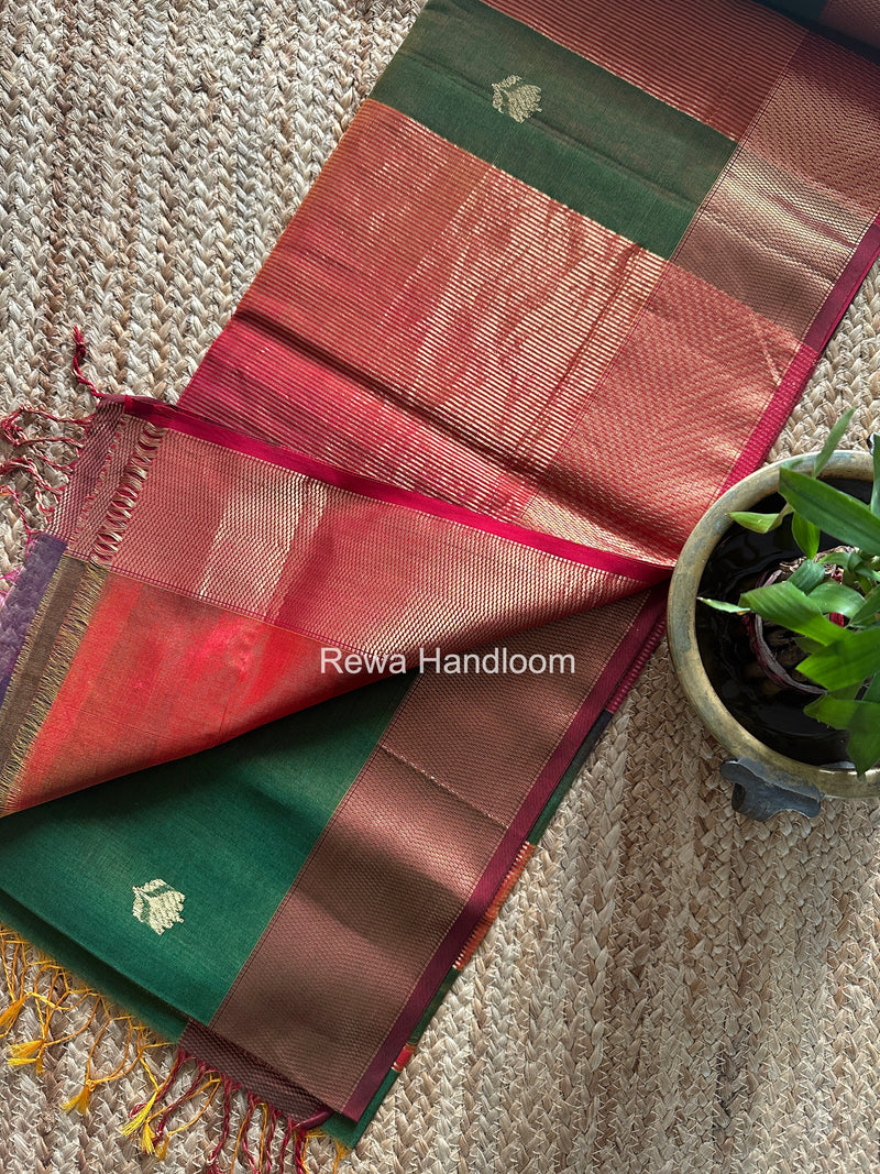 Maheshwari Bottle Green Lotus Shaded Butta Saree SLB016