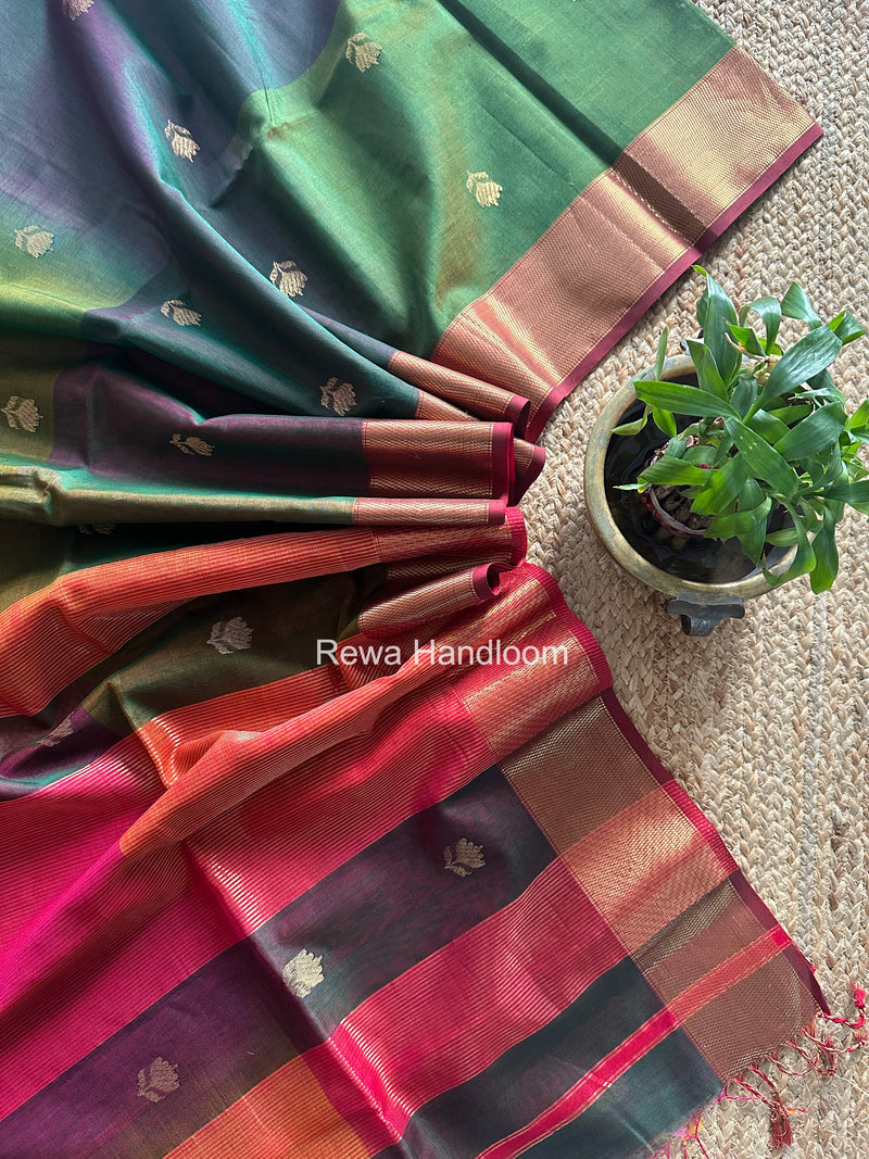 Maheshwari Bottle Green Lotus Shaded Butta Saree SLB016
