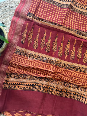 Maheshwari Dark Rust Bagh Print Small Border Saree MTBS027