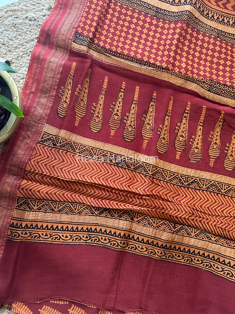 Maheshwari Dark Rust Bagh Print Small Border Saree MTBS027