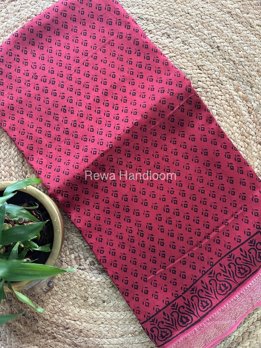 Maheshwari Pink Bagh Print Small Border Saree MTBS025