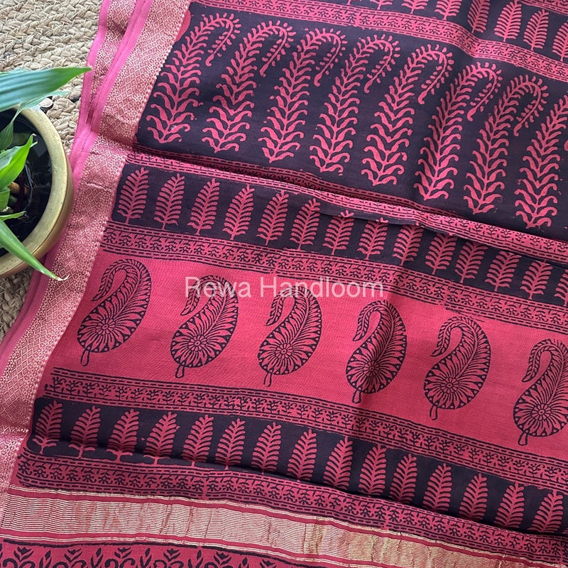 Maheshwari Pink Bagh Print Small Border Saree MTBS025