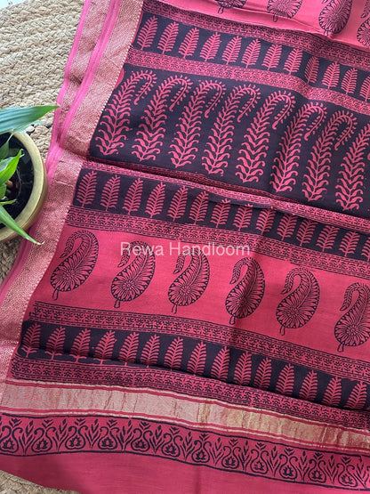 Maheshwari Pink Bagh Print Small Border Saree MTBS025