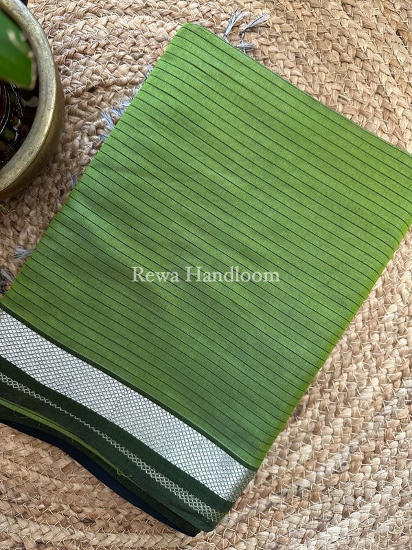Maheshwari Mehndi Green Silver Zari border Saree SGB25