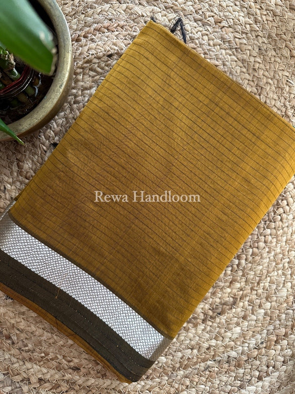 Maheshwari Dark Mustard Silver Zari border Saree SGB28