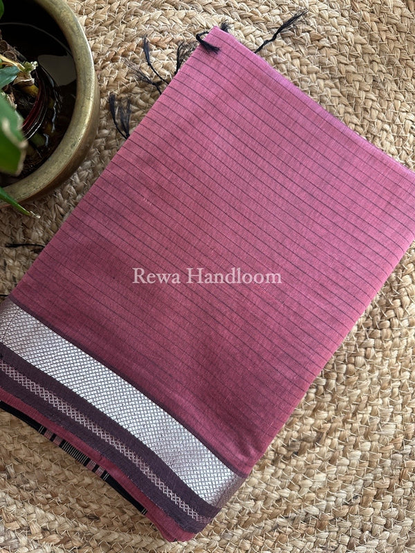 Maheshwari Onion Pink Silver Zari border Saree SGB29