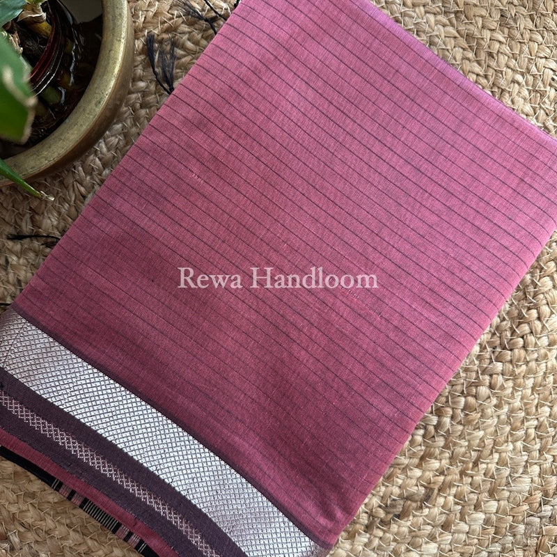 Maheshwari Onion Pink Silver Zari border Saree SGB29