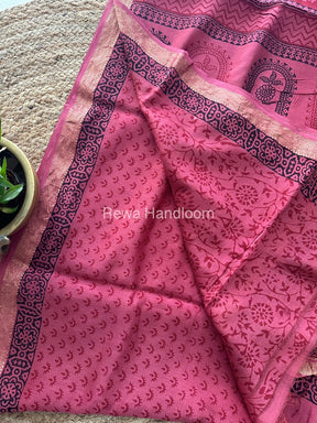 Maheshwari Fuchsia Pink Bagh Print Small Border Saree MTBS030