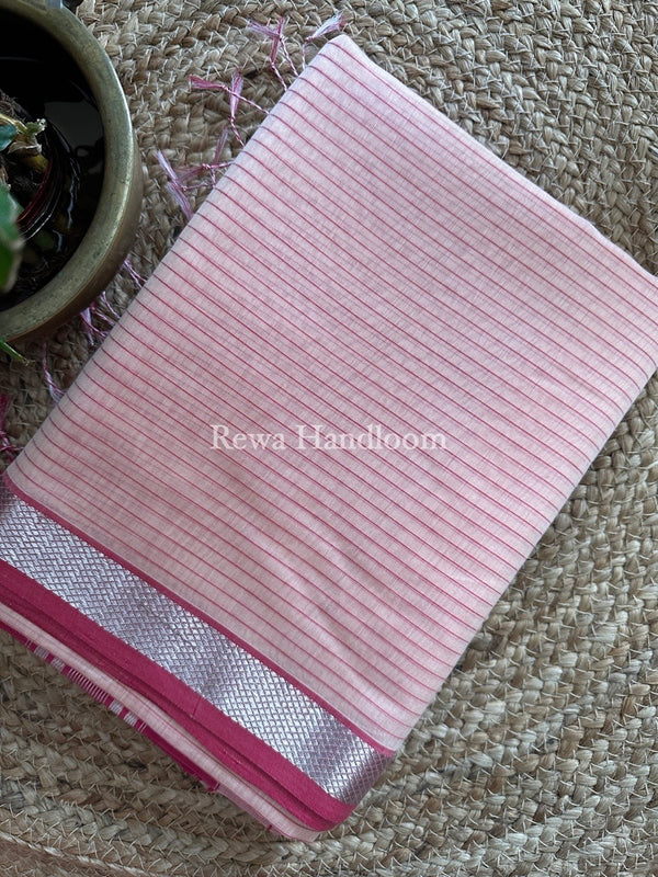 Maheshwari Light Peach Silver Zari border Saree SGB33