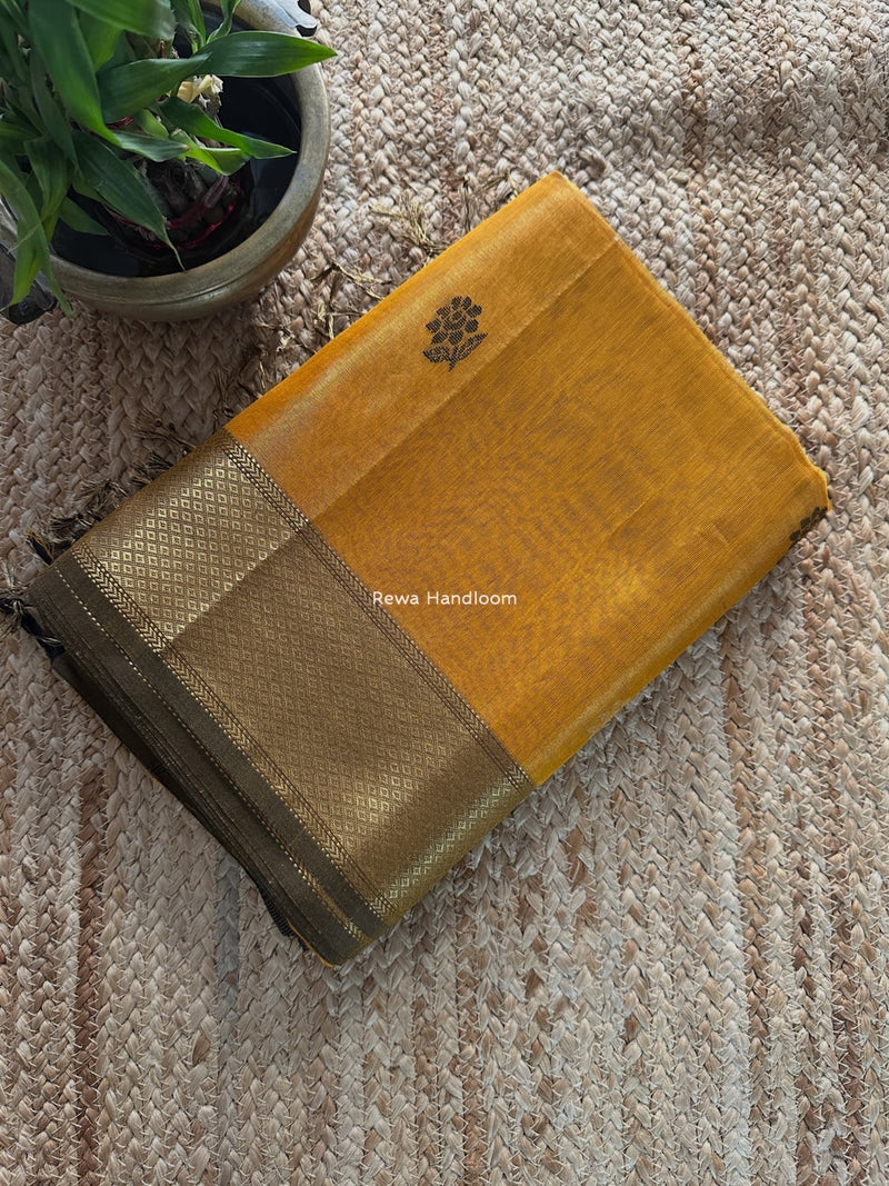 Maheshwari Mustard Yellow Tissue Silk Saree TFB019