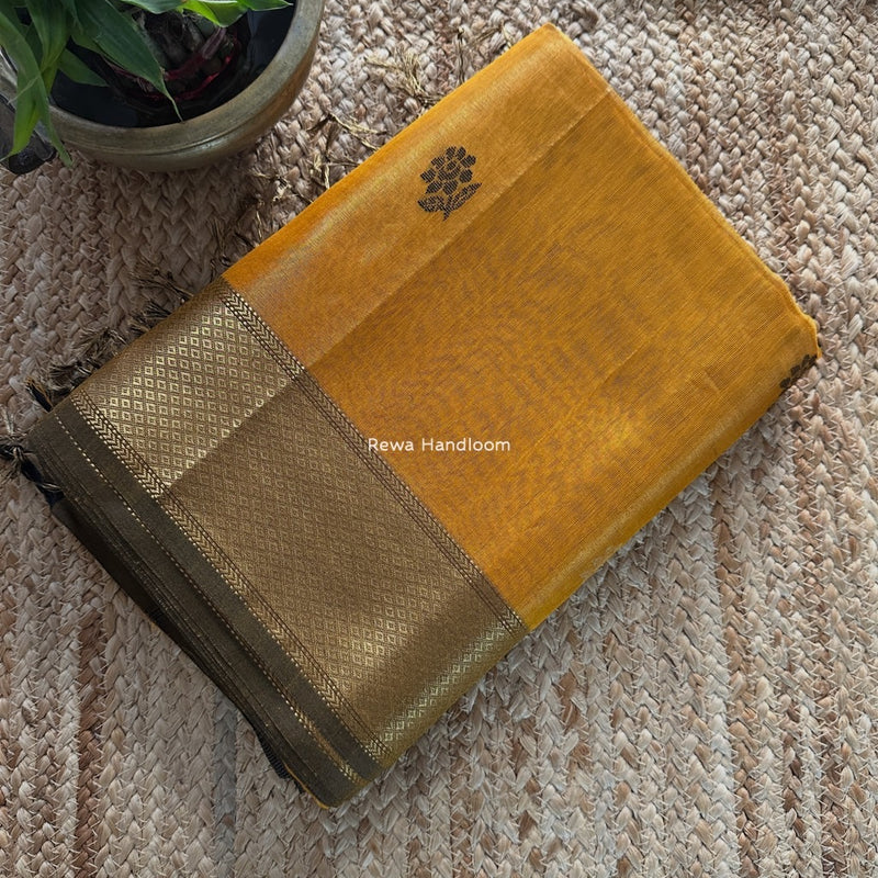 Maheshwari Mustard Yellow Tissue Silk Saree TFB019