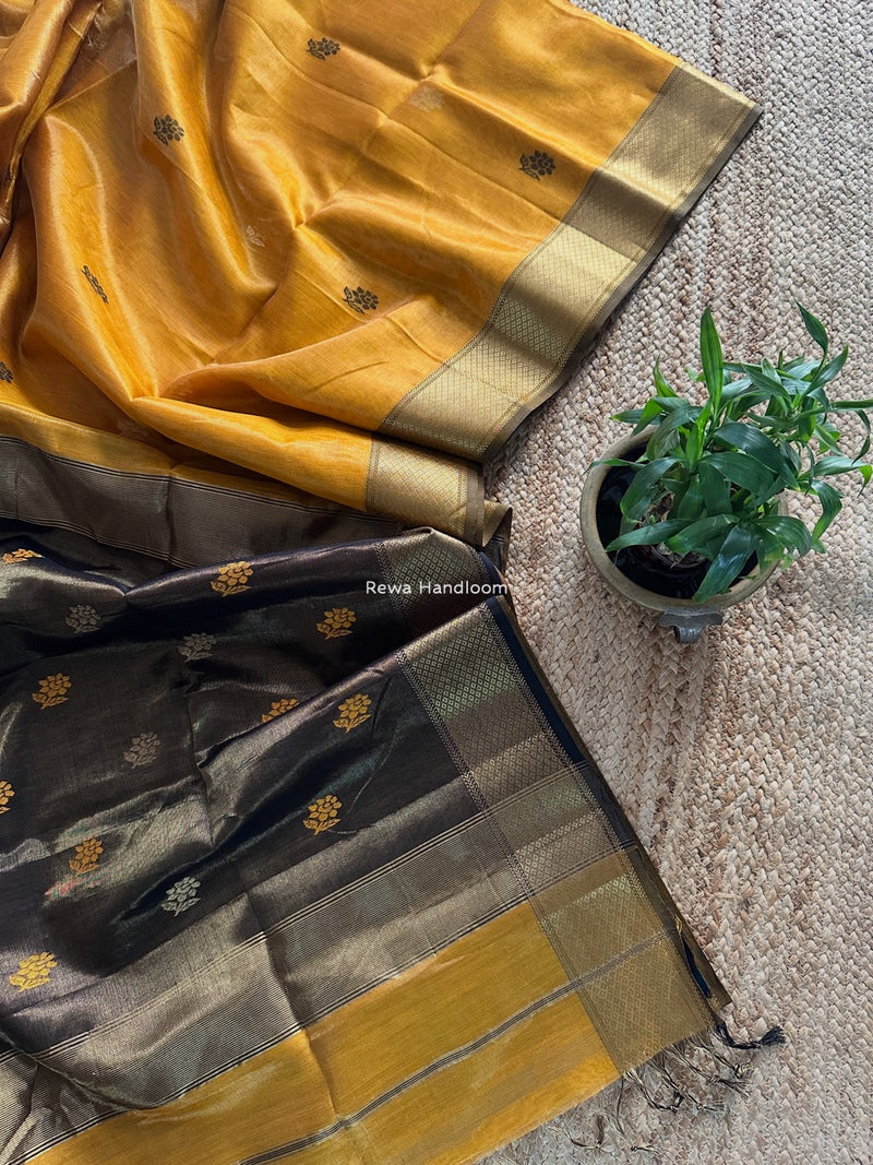 Maheshwari Mustard Yellow Tissue Silk Saree TFB019
