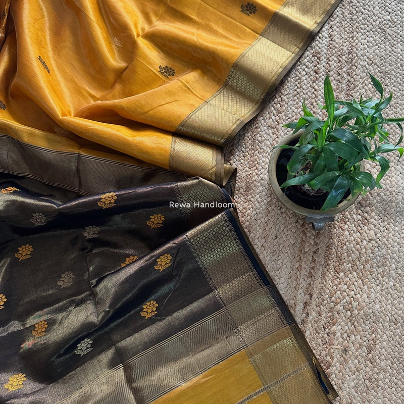 Maheshwari Mustard Yellow Tissue Silk Saree TFB019