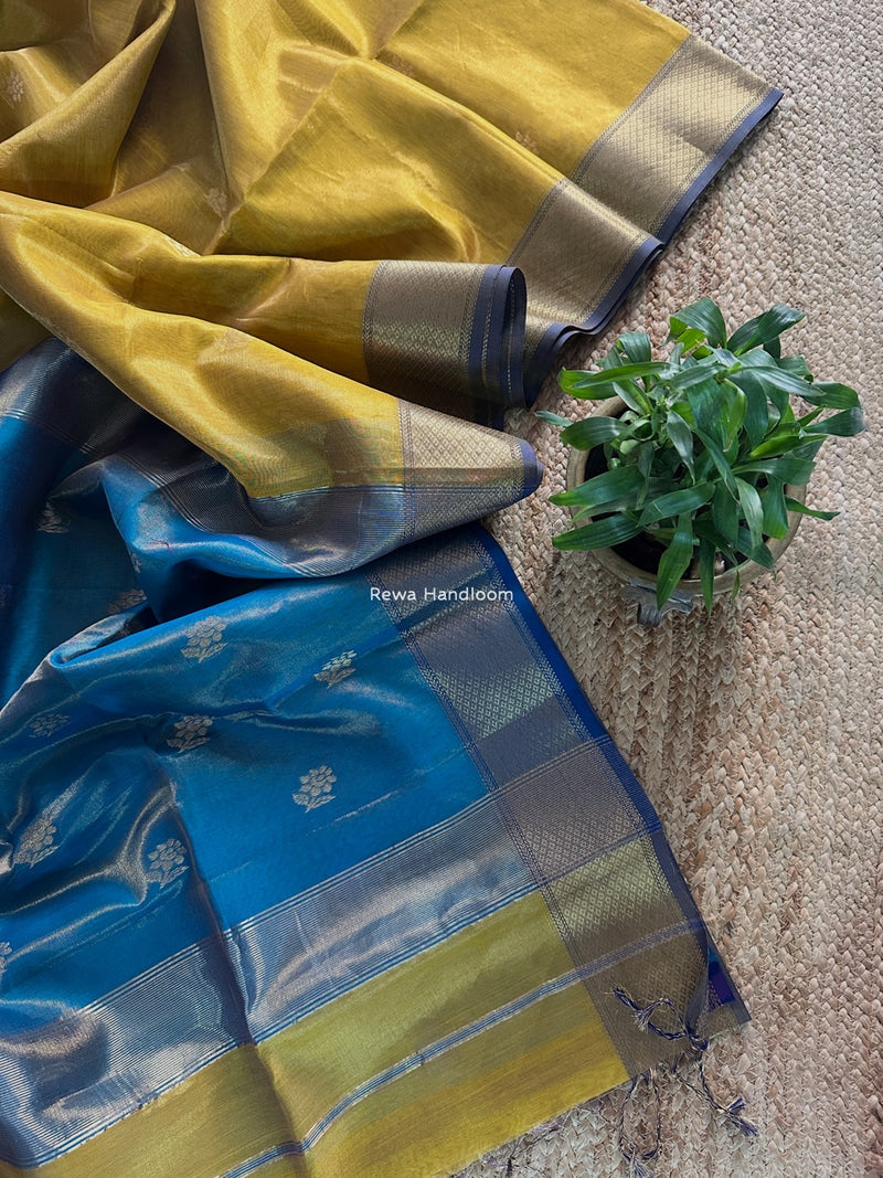 Maheshwari Golden Yellow Tissue Silk Saree TFB022