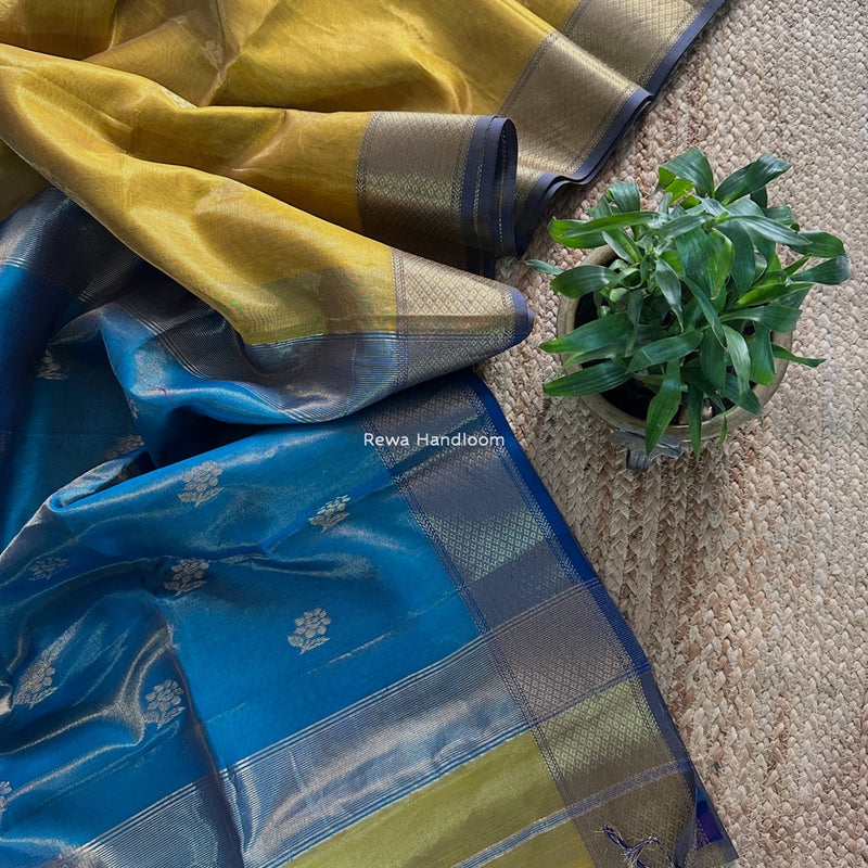 Maheshwari Golden Yellow Tissue Silk Saree TFB022