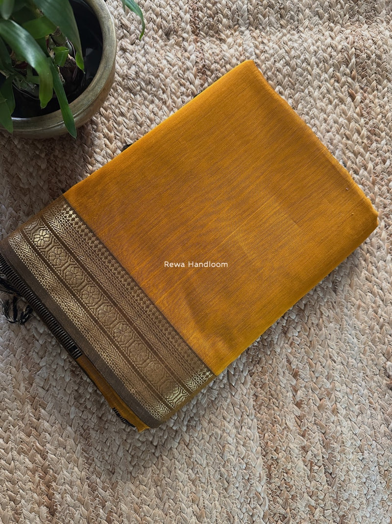 Maheshwari Mustard Yellow Zari Border Plain Saree ZSBS035