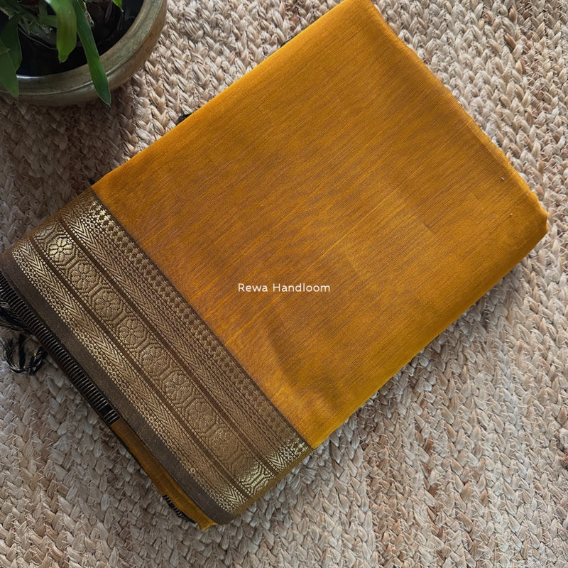 Maheshwari Mustard Yellow Zari Border Plain Saree ZSBS035