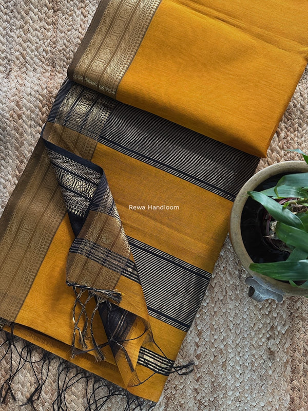 Maheshwari Mustard Yellow Zari Border Plain Saree ZSBS035