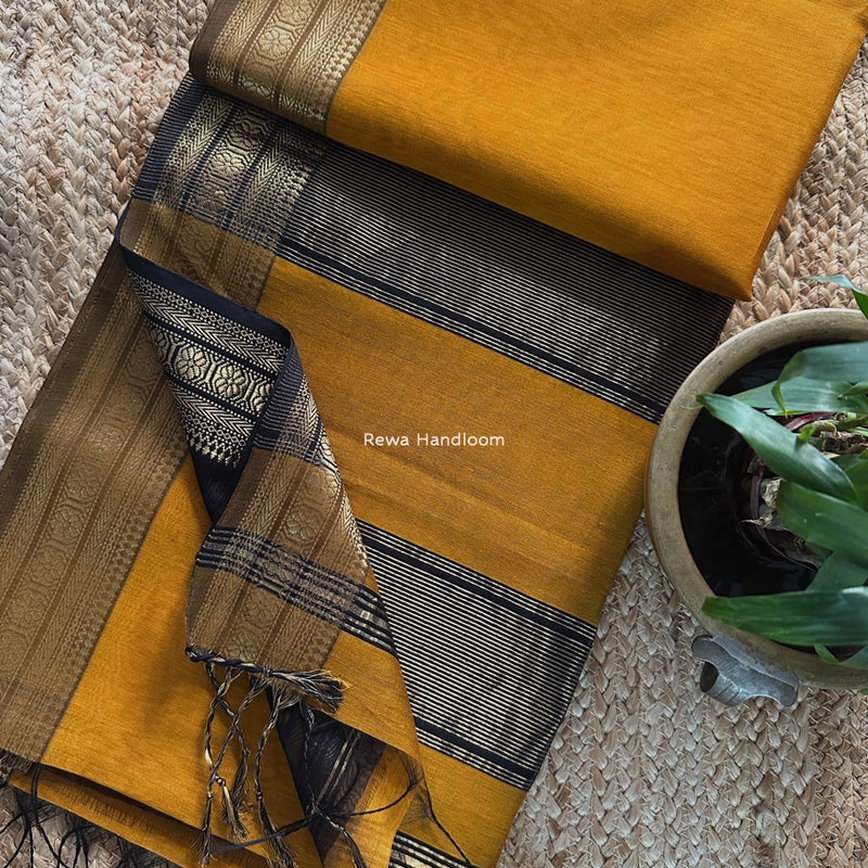 Maheshwari Mustard Yellow Zari Border Plain Saree ZSBS035