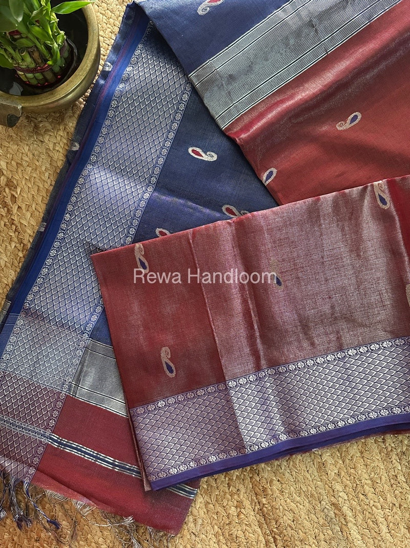 Maheshwari Maroon Silver Tissue Meena Butti Saree SMB0016