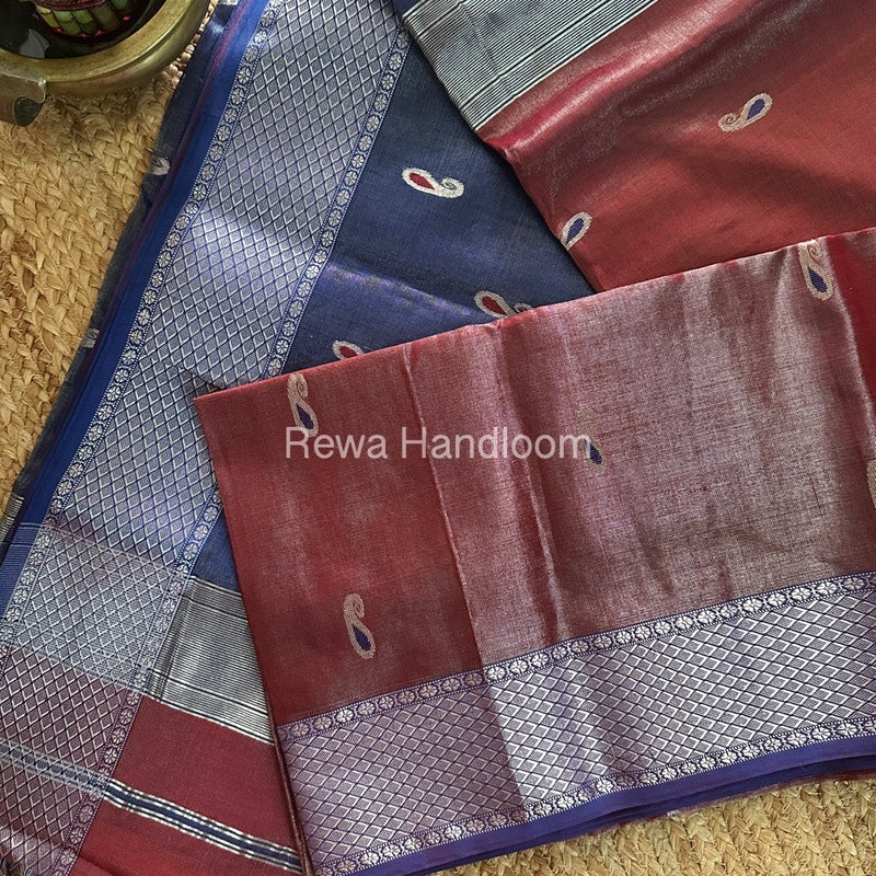 Maheshwari Maroon Silver Tissue Meena Butti Saree SMB0016