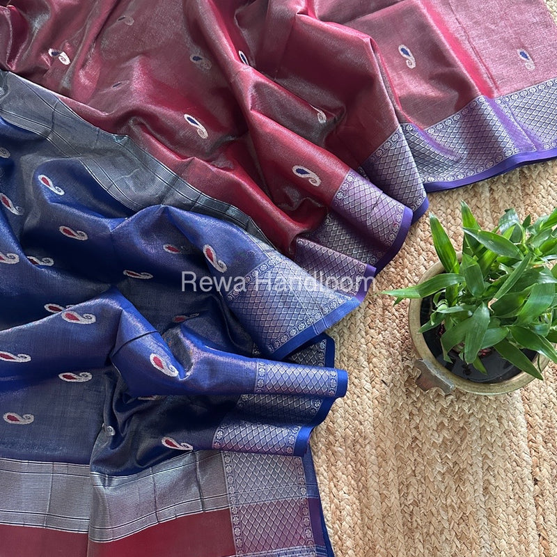 Maheshwari Maroon Silver Tissue Meena Butti Saree SMB0016