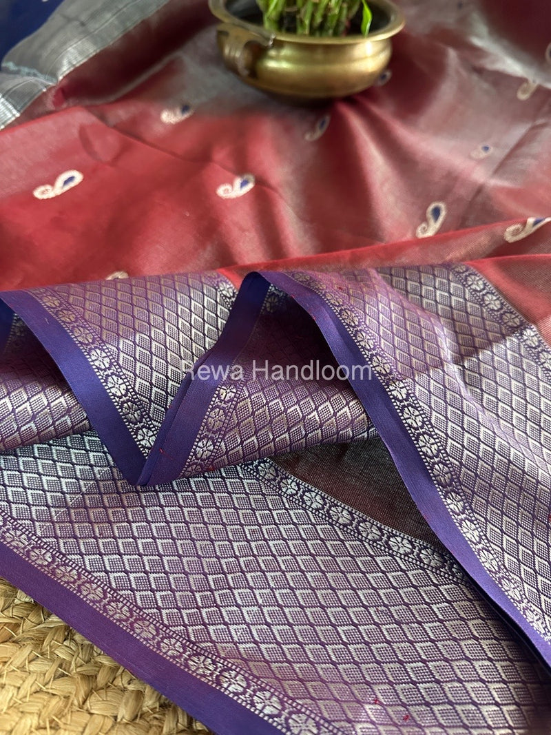 Maheshwari Maroon Silver Tissue Meena Butti Saree SMB0016