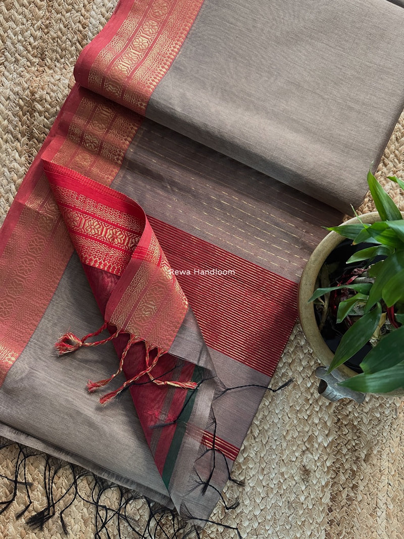 Maheshwari Beige Zari Border Plain Saree ZSBS040