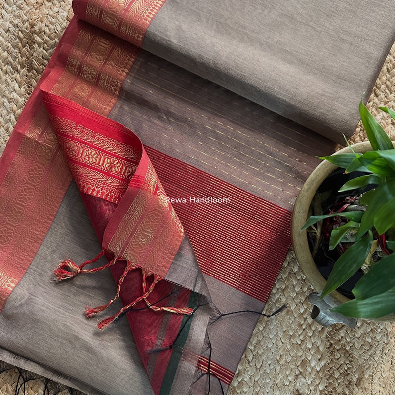 Maheshwari Beige Zari Border Plain Saree ZSBS040