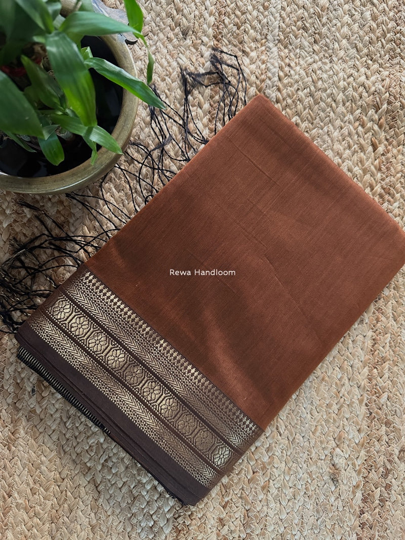 Maheshwari Brown Zari Border Plain Saree ZSBS029