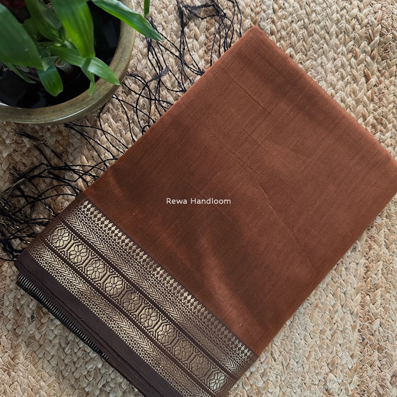 Maheshwari Brown Zari Border Plain Saree ZSBS029