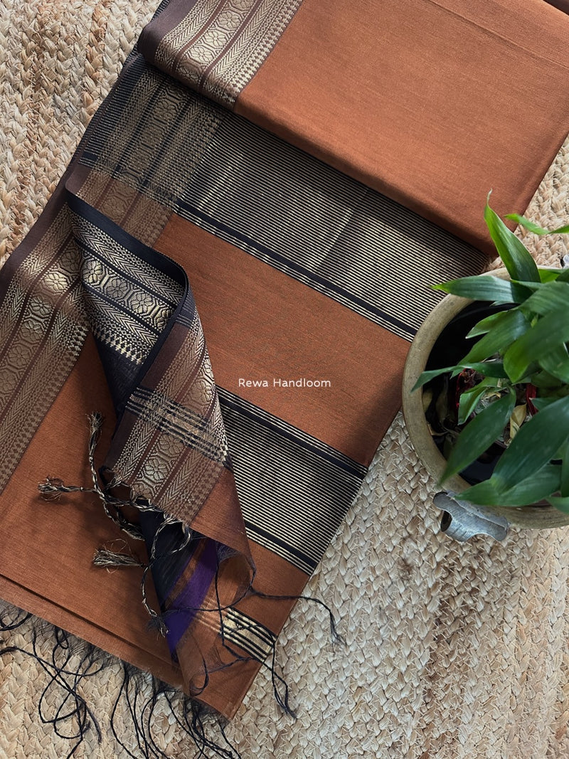 Maheshwari Brown Zari Border Plain Saree ZSBS029