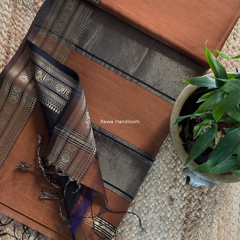 Maheshwari Brown Zari Border Plain Saree ZSBS029