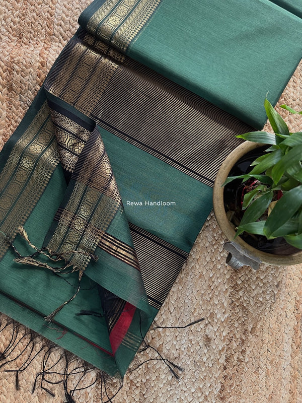 Maheshwari Teal Green Zari Border Plain Saree ZSBS032