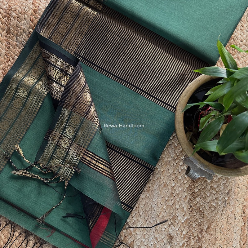 Maheshwari Teal Green Zari Border Plain Saree ZSBS032