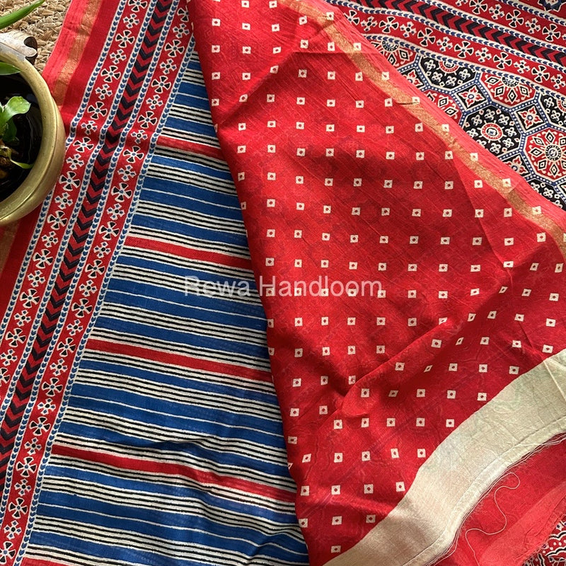 Blue-Red Chanderi Silk Saree CPS09