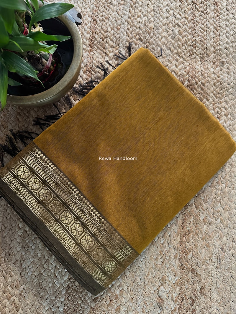 Maheshwari Mustard Yellow Zari Border Plain Saree ZSBS033