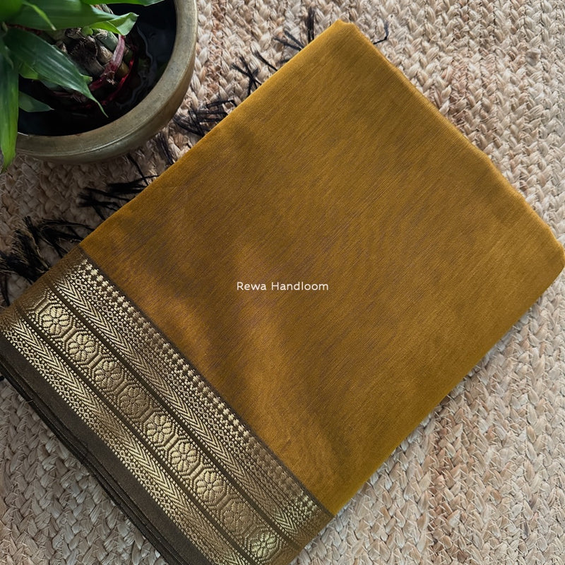 Maheshwari Mustard Yellow Zari Border Plain Saree ZSBS033
