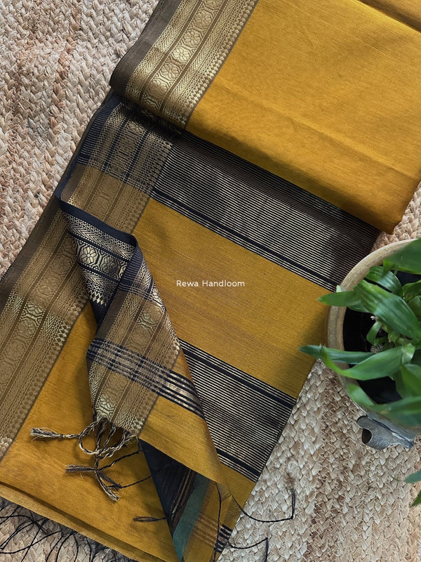 Maheshwari Mustard Yellow Zari Border Plain Saree ZSBS033