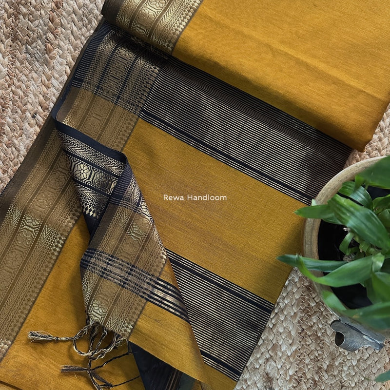 Maheshwari Mustard Yellow Zari Border Plain Saree ZSBS033
