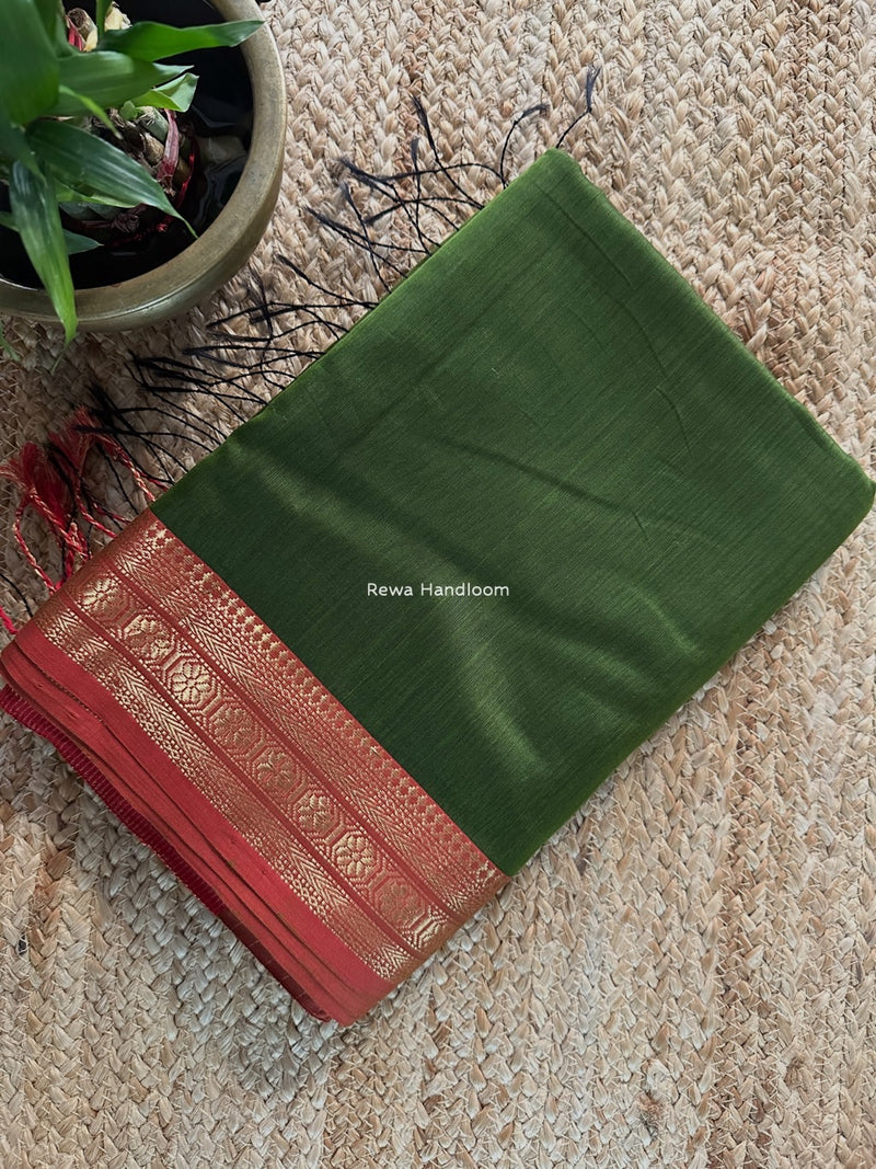 Maheshwari Mehendi Green Zari Border Plain Saree ZSBS030
