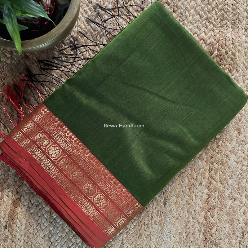 Maheshwari Mehendi Green Zari Border Plain Saree ZSBS030
