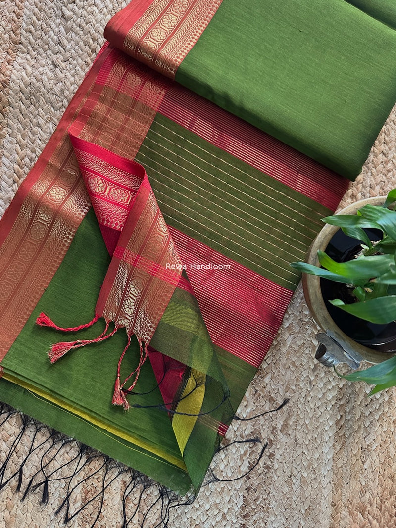 Maheshwari Mehendi Green Zari Border Plain Saree ZSBS030