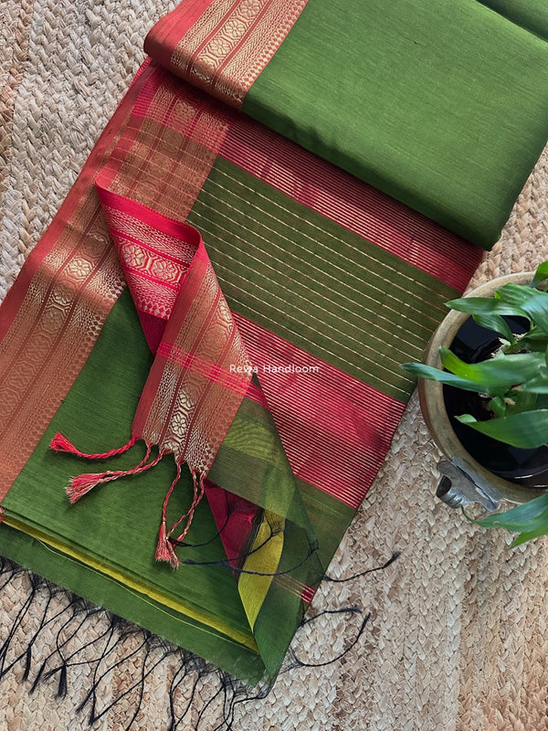Maheshwari Mehendi Green Zari Border Plain Saree ZSBS030