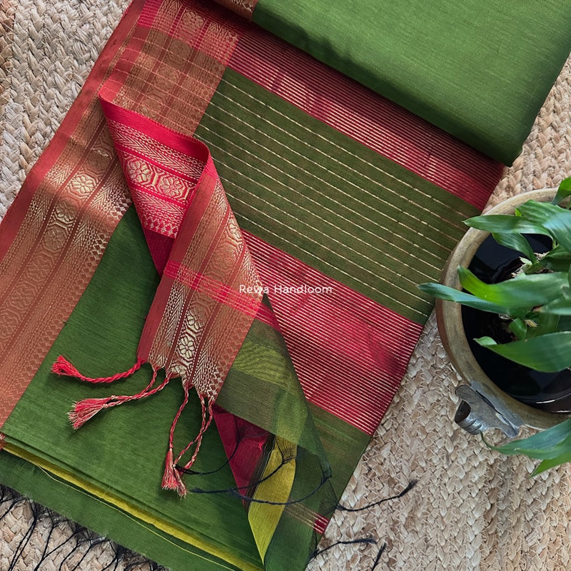 Maheshwari Mehendi Green Zari Border Plain Saree ZSBS030