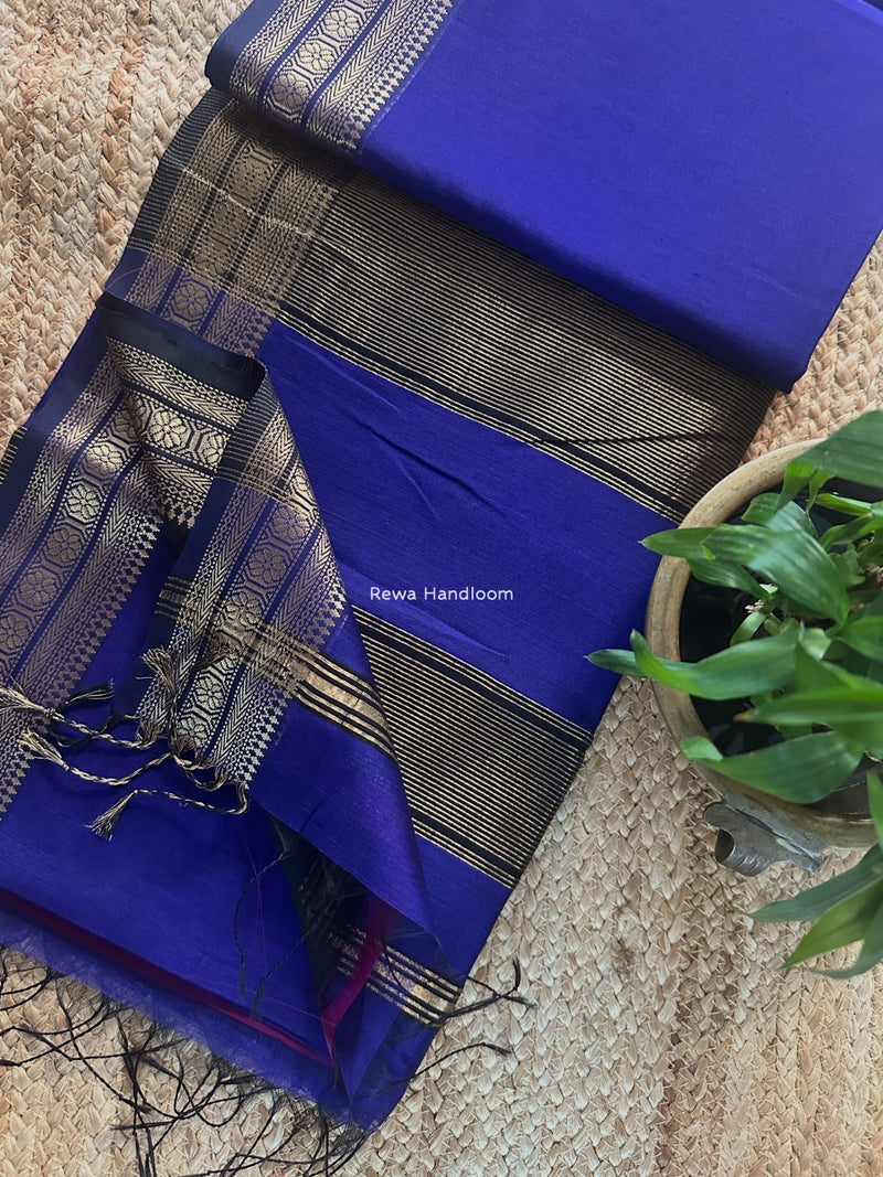 Maheshwari Dark Purple Zari Border Plain Saree ZSBS034