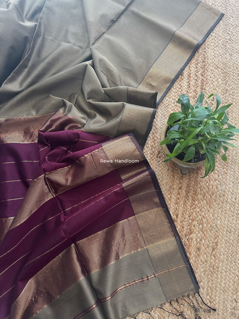 Maheshwari Beige Zari Border Plain Saree ZS0117