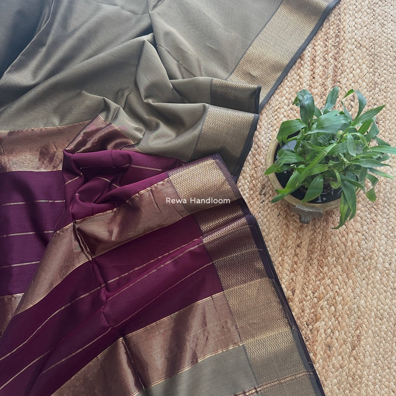 Maheshwari Beige Zari Border Plain Saree ZS0117