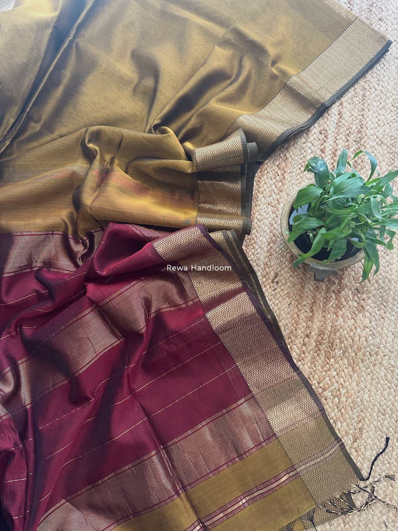 Maheshwari Dark Mustard Zari Border Plain Saree ZS0116