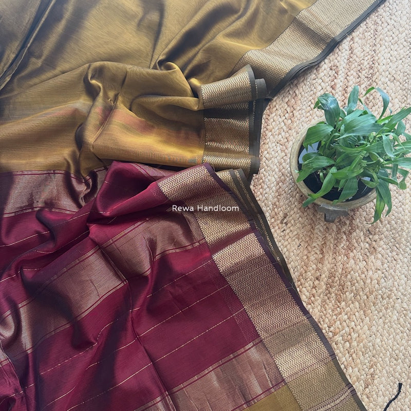 Maheshwari Dark Mustard Zari Border Plain Saree ZS0116